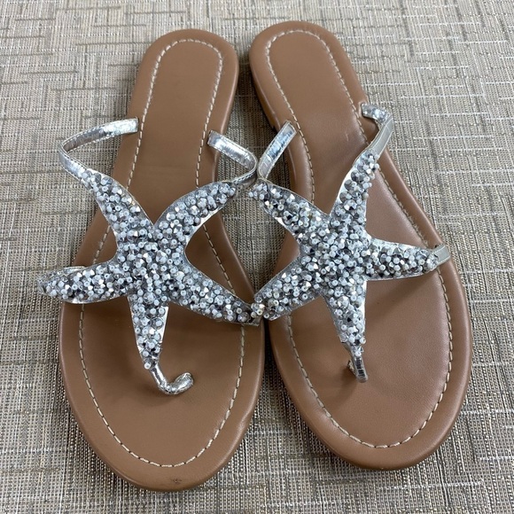 Women’s Sparkly Silver Beachy Rhinestone Starfish Flat Sandals Flip Flops Sz 6 - Picture 10 of 15